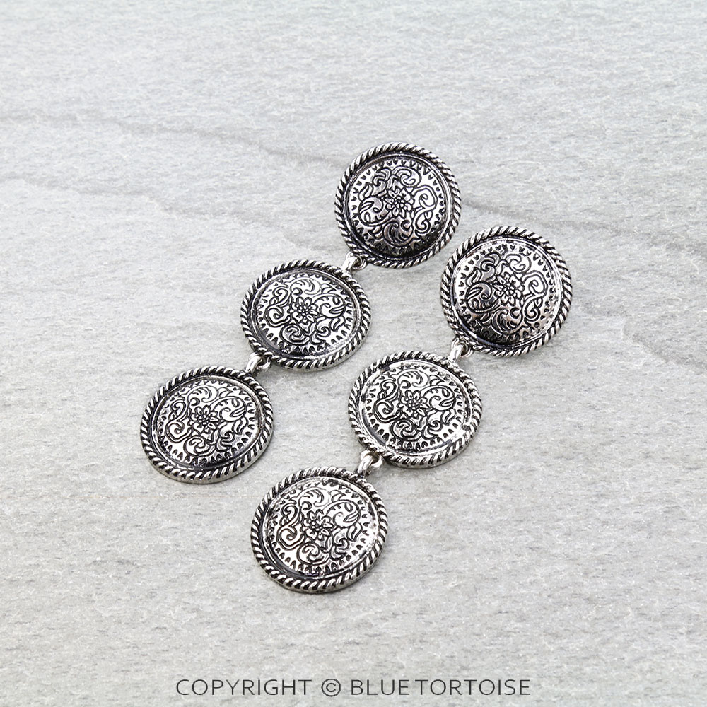 Western Etched 3 Drop Stud Earrings