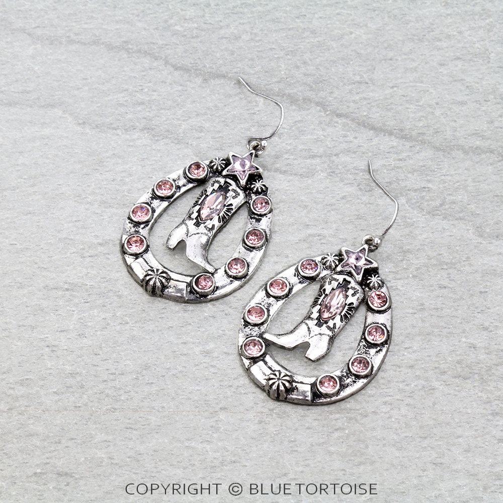 Western Cowboy Boot Stone Dangle Earrings