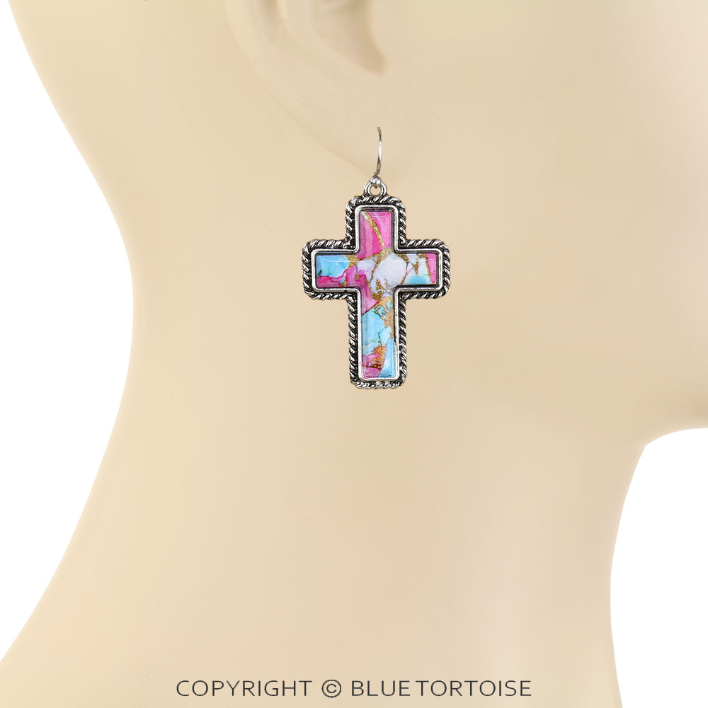 Western Cross Stone Dangle Earrings - Image 2