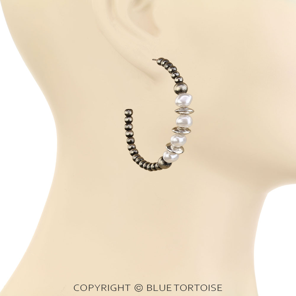 2" Navajo Style Pearl and Stone Hoop Earrings - Image 2