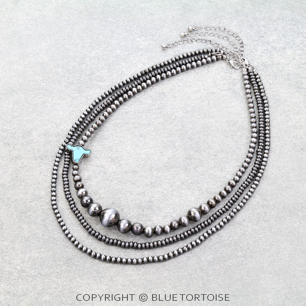 3 Layered Western Bead Necklace - Cow Head Stone