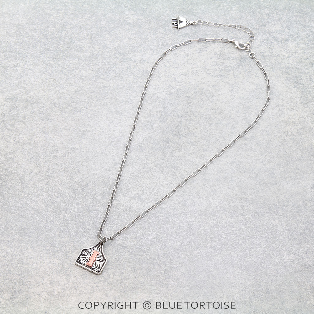 Western Etched Ear Tag Initial Necklace
