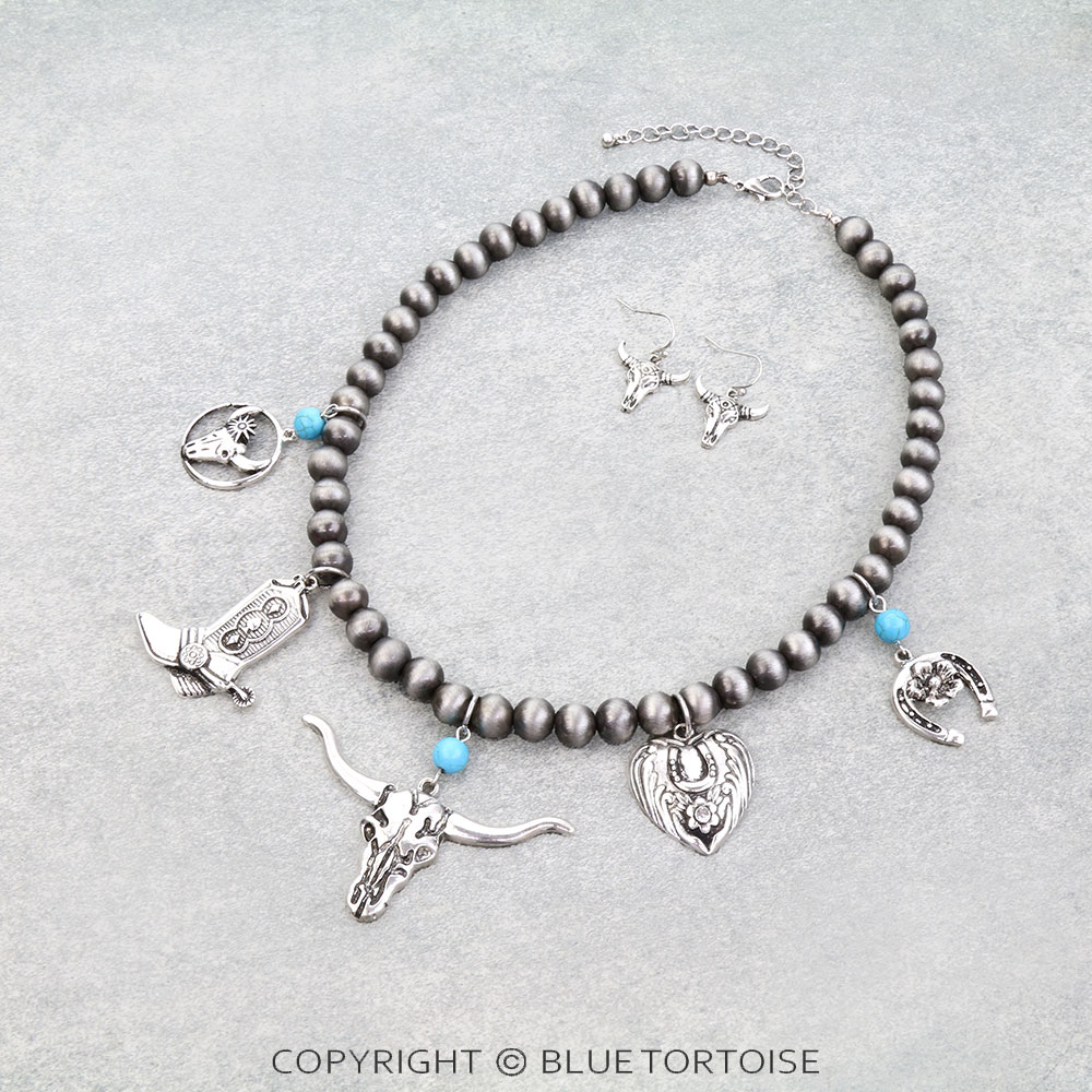 Western Steer Skull Multi Charm Necklace Set