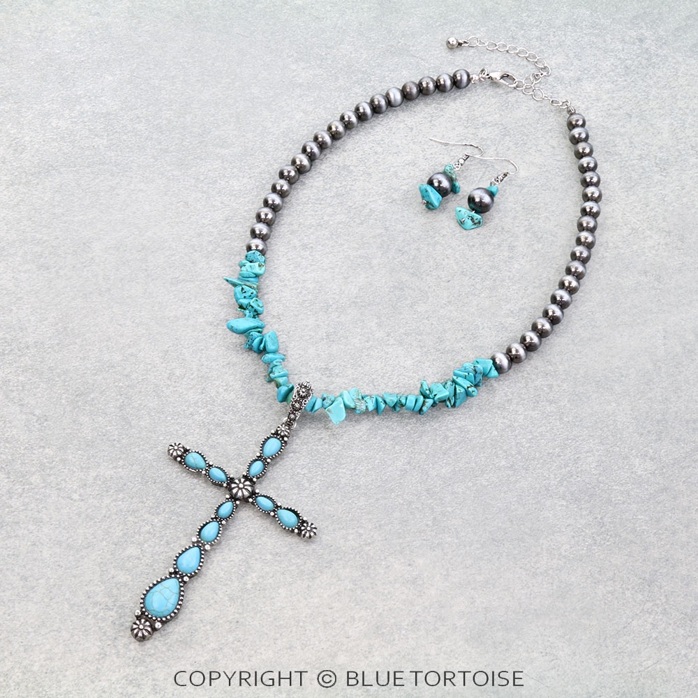 Western Cross Stone Pendant Necklace Set