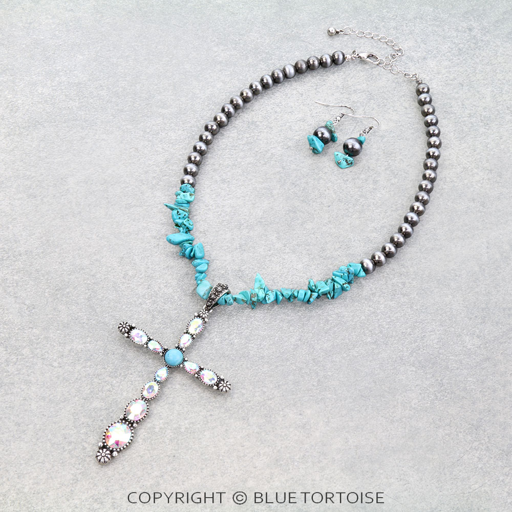 Western Cross Stone Pendant Necklace Set
