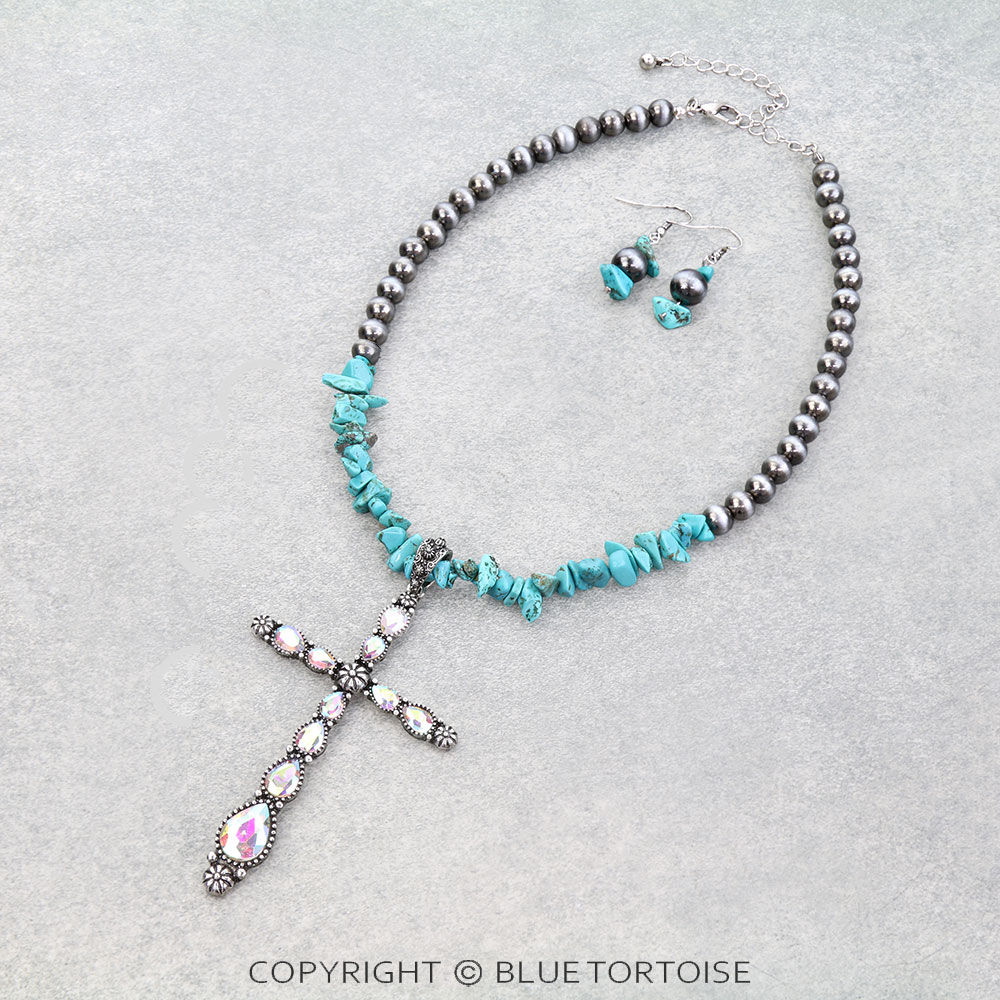Western Cross Stone Pendant Necklace Set