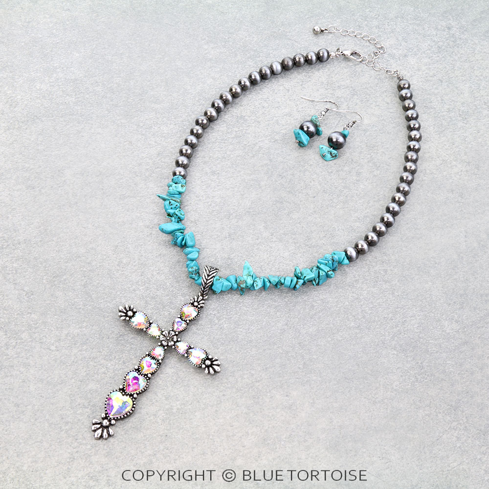 Western Cross Stone Pendant Necklace Set