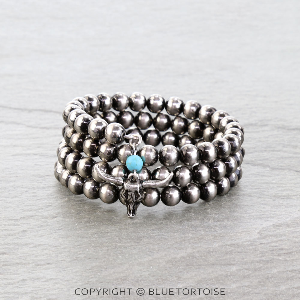 Western Navajo Style Pearl Steer Skull Wrap Bracelet