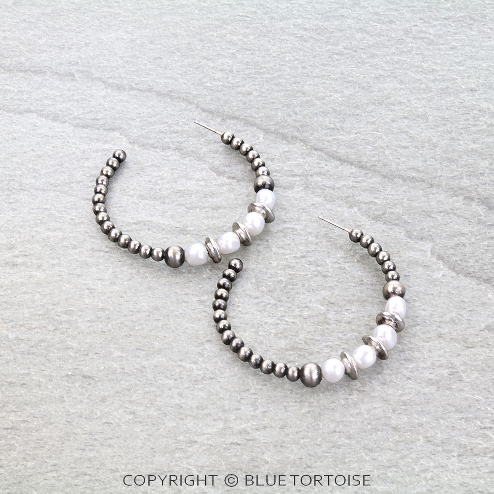 2" Navajo Style Pearl and Stone Hoop Earrings