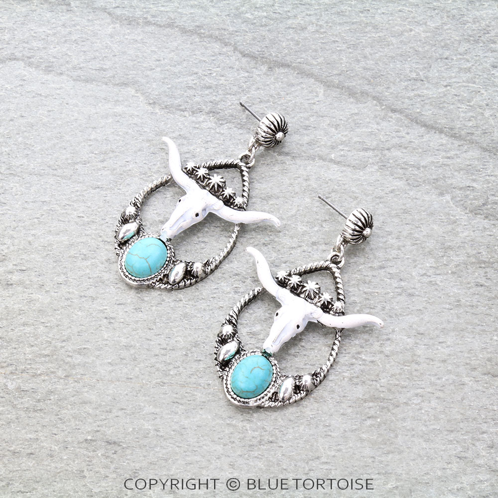 Western Steer Skull Teardrop Stud Earrings