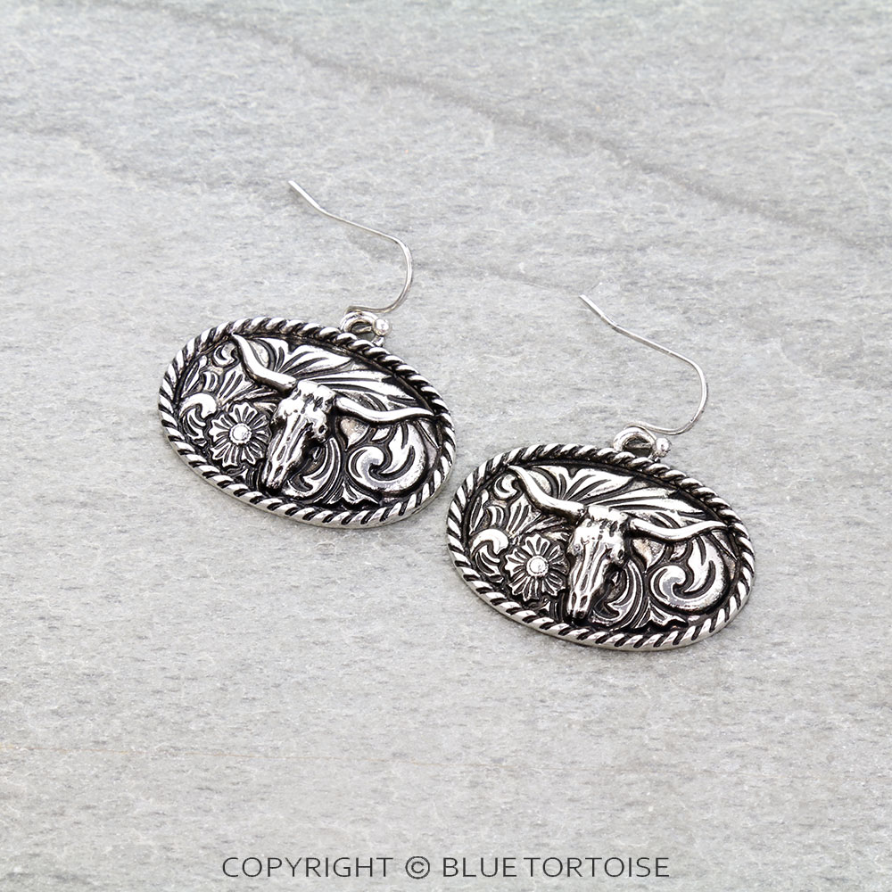 Western Small Oval Steer Skull Dangle Earrings
