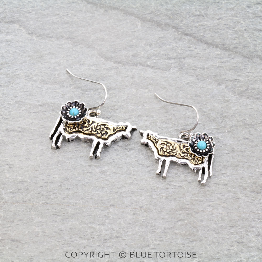 Western Dainty Cow Flower Dangle Earrings