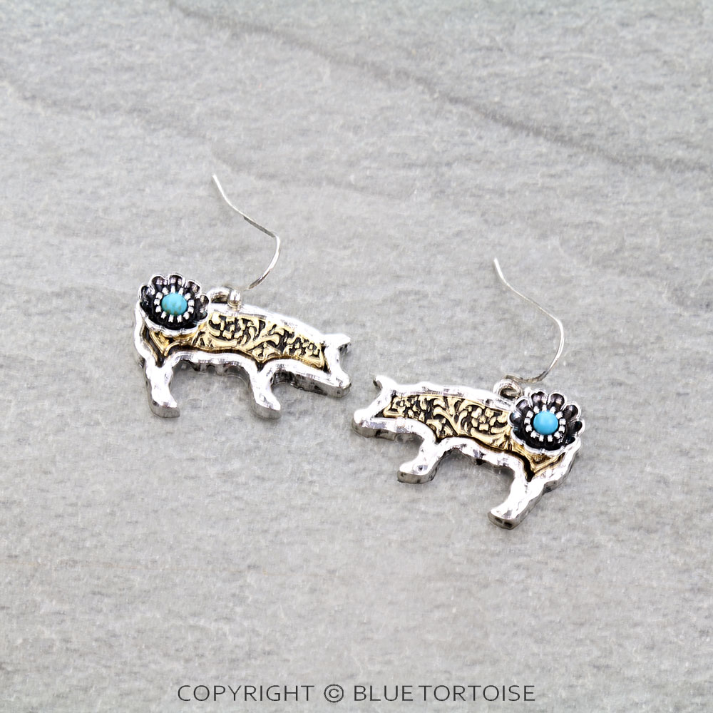 Western Dainty Pig Flower Dangle Earrings
