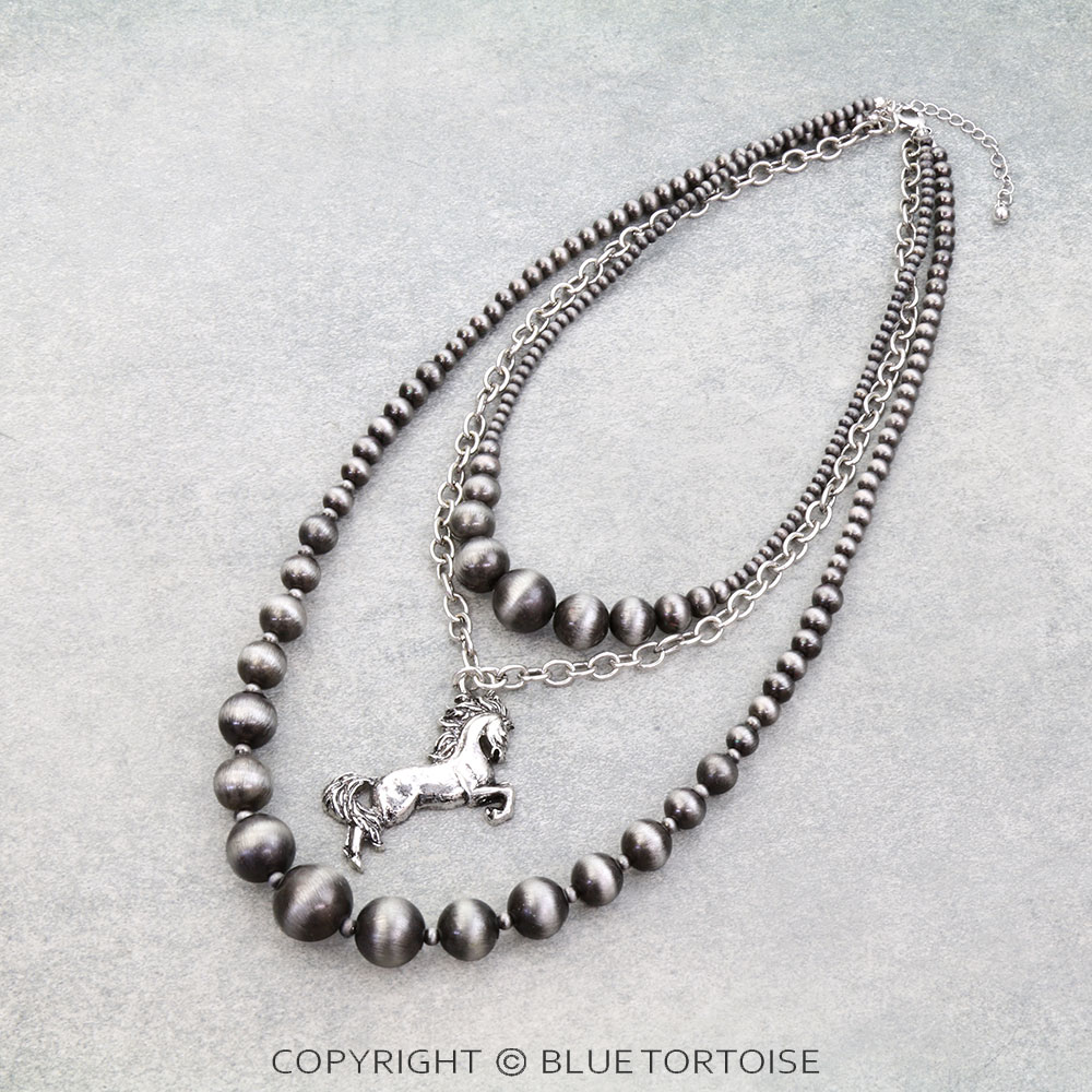 3 Layered Western Horse & Pearl Necklace