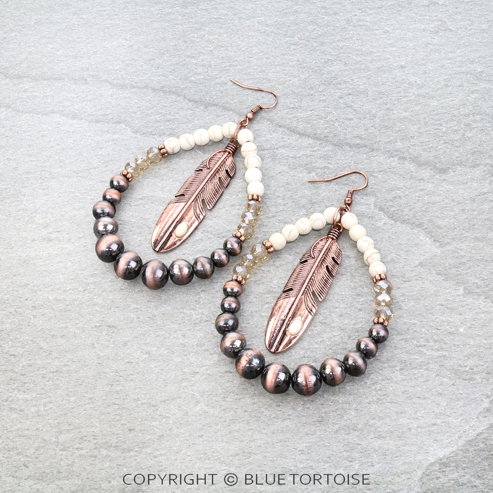 Navajo Style Pearl & Feather Dangle Earrings