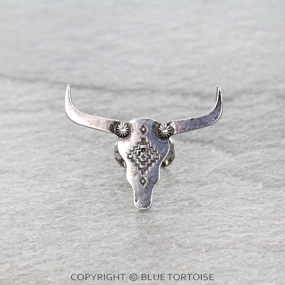 Western Aztec Steer Skull Cuff Ring