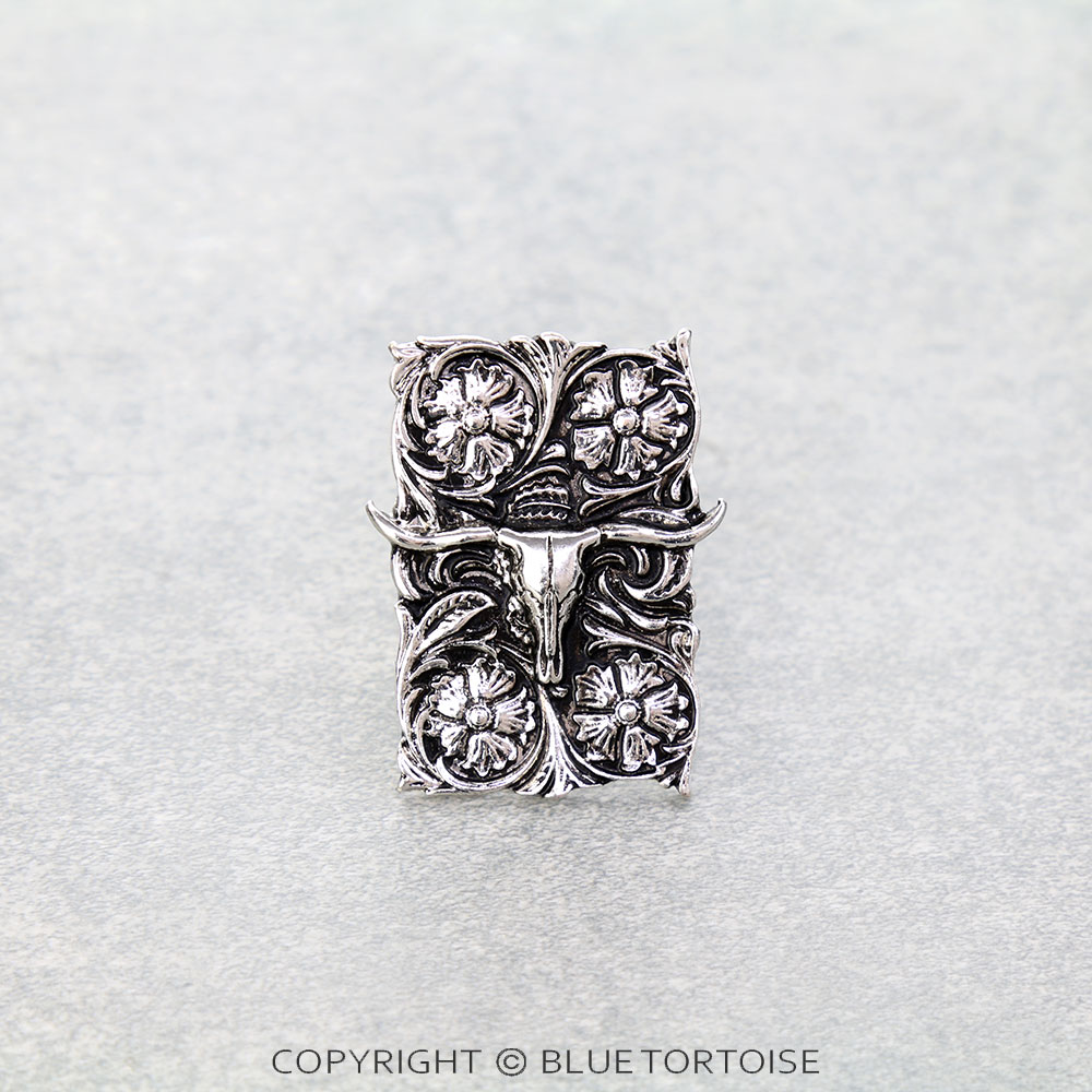 Western Flower Engraved Steer Skull Plate Cuff Ring