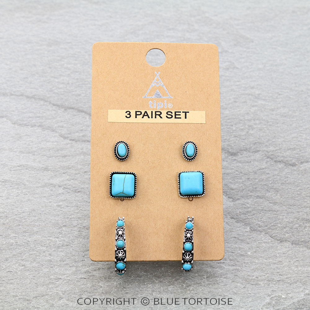 3 Pair Western Stone Earring Set