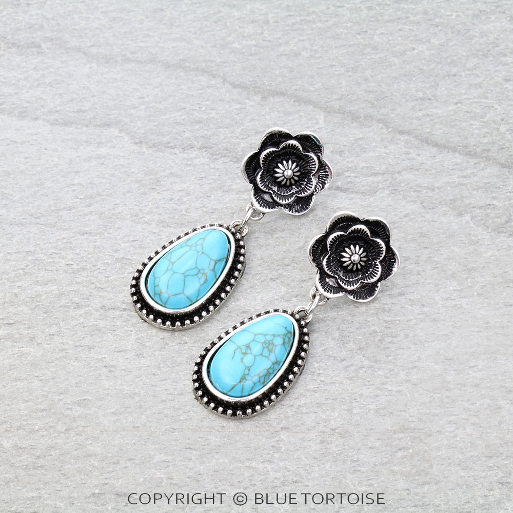 Western Flower Teardrop Stone Stud Earrings