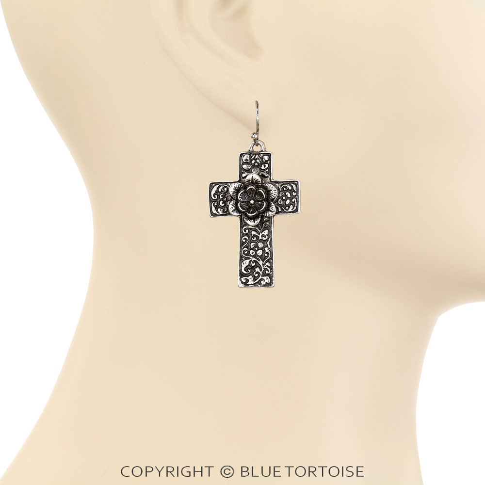 Western Flower Cross Dangle Earrings - Image 2