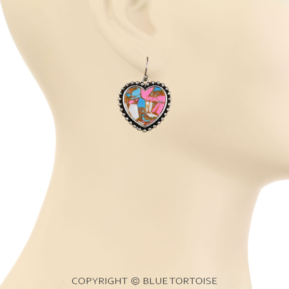 Western Cotton Candy Stone Heart Dangle Earrings - Image 2