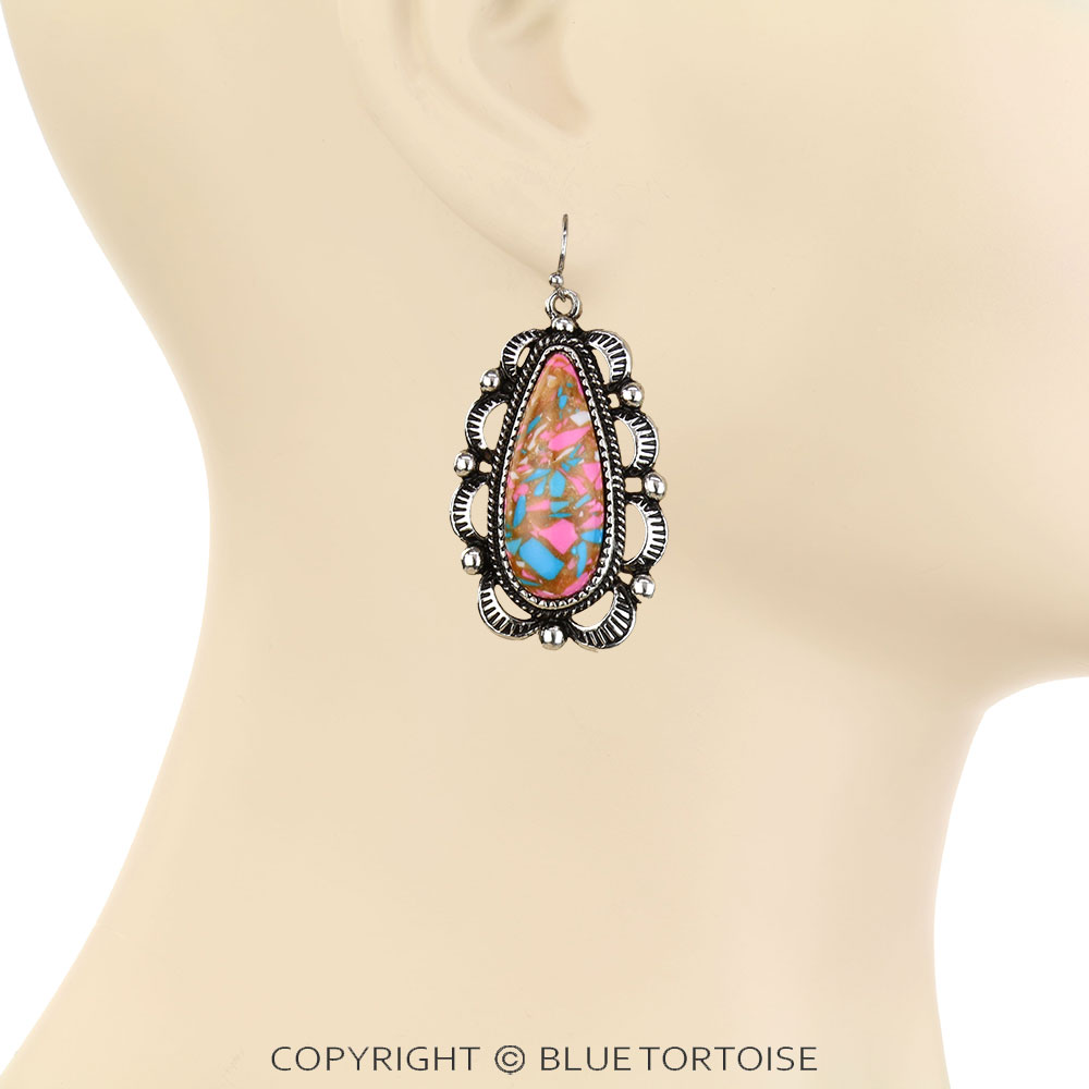 Western Cotton Candy Stone Teardrop Dangle Earrings - Image 2