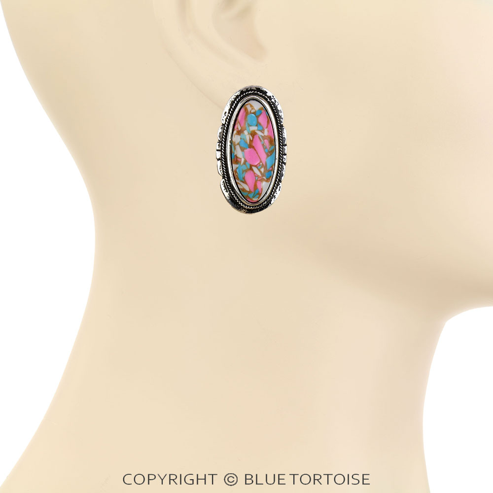 Western Cotton Candy Stone Oblong Stud Earrings - Image 2