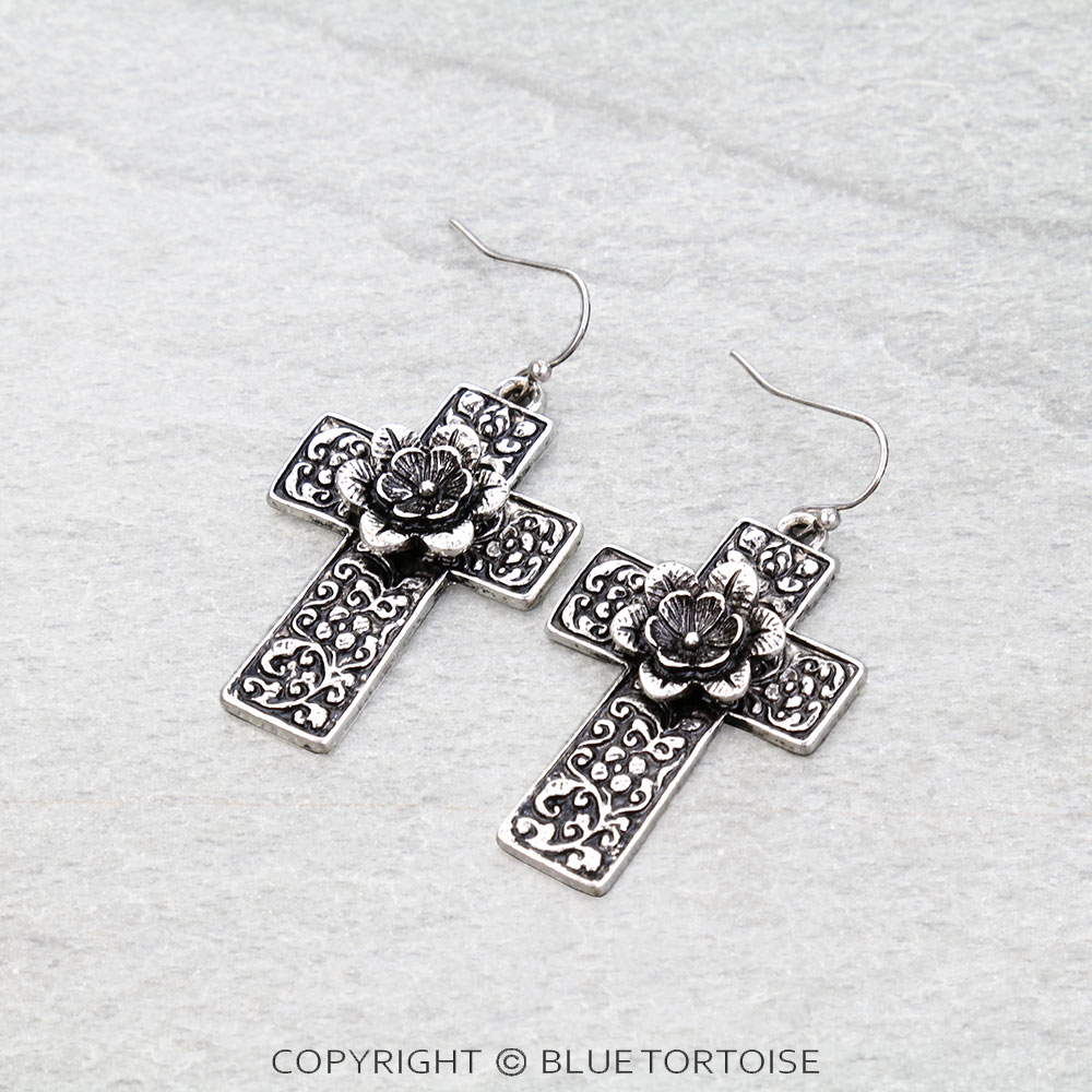 Western Flower Cross Dangle Earrings