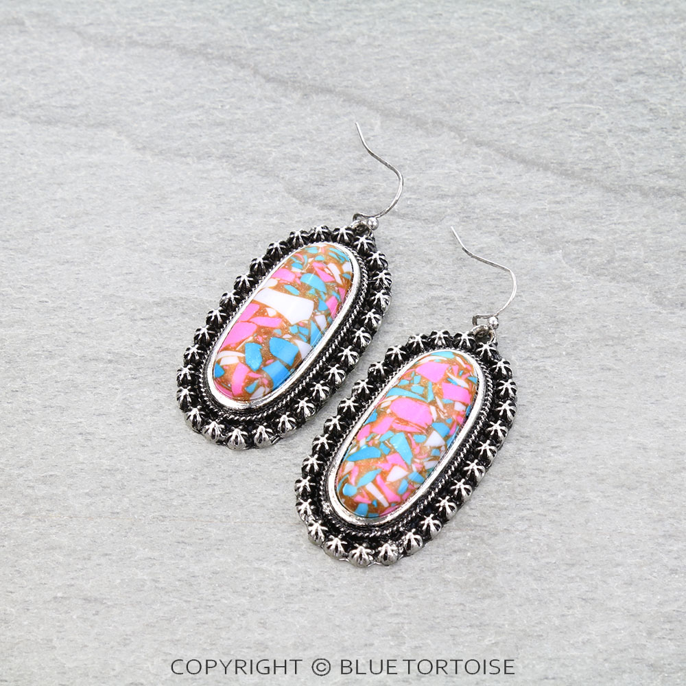 Western Cotton Candy Stone Oblong Dangle Earrings