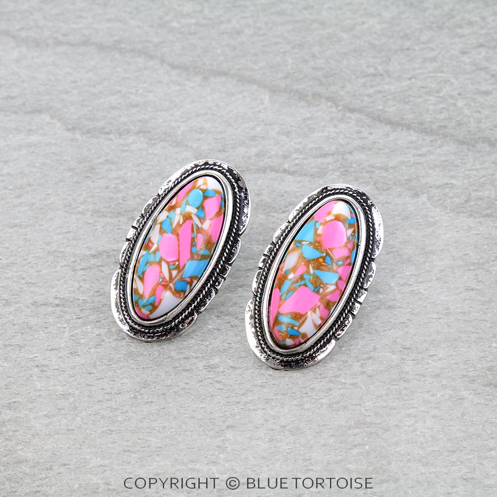 Western Cotton Candy Stone Oblong Stud Earrings