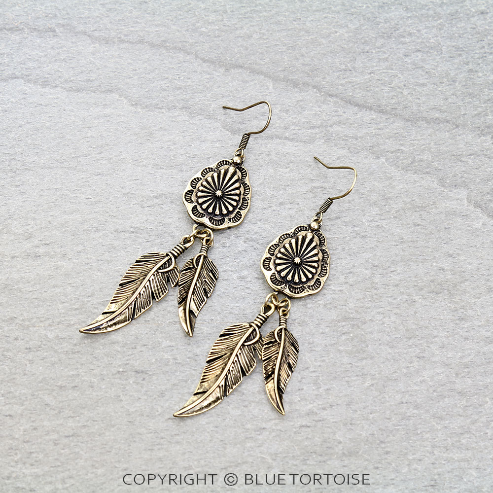 Western Teardrop Concho & Feather Dangle Earrings