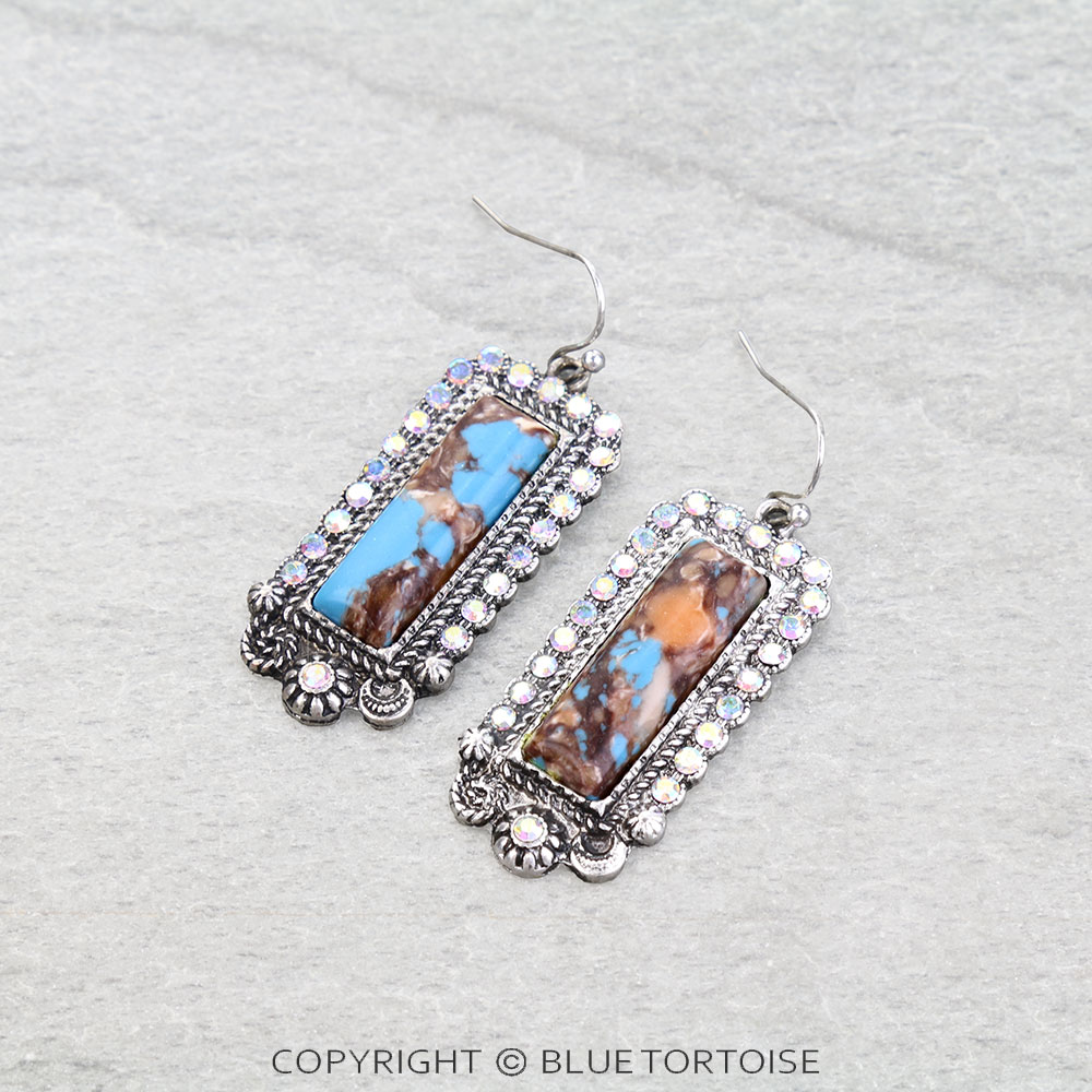 Western Rectangle Hand Craft Stone Dangle Earrings