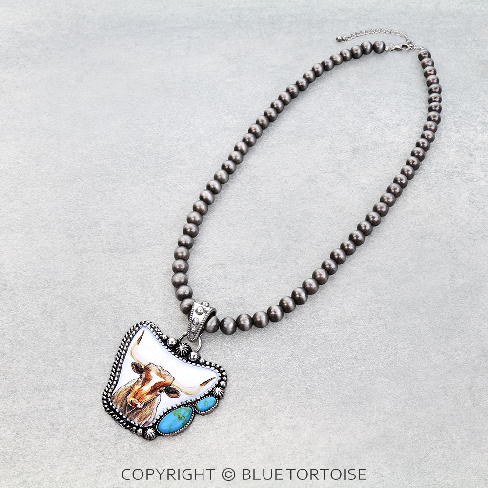 Western Steer Cow Print Stone Pendant Necklace