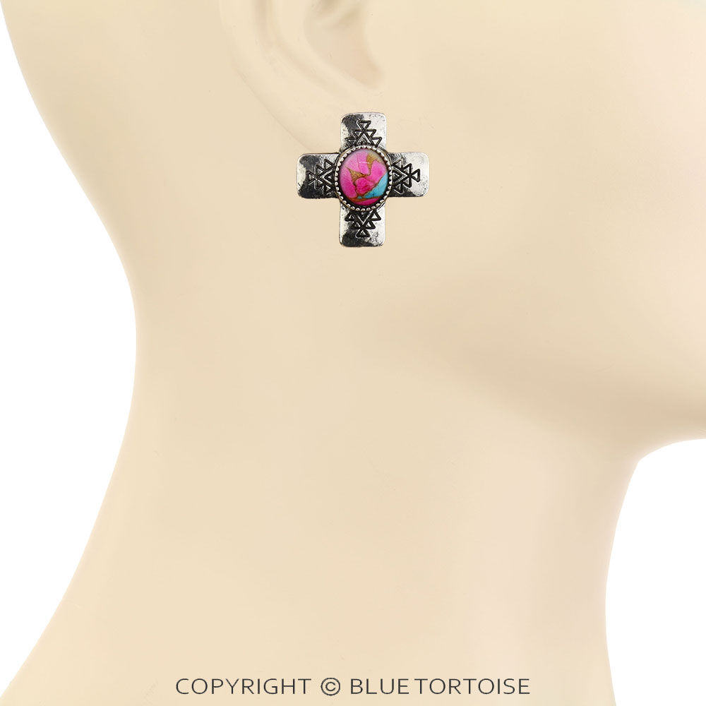 Western Cross Stone Stud Earrings - Image 2