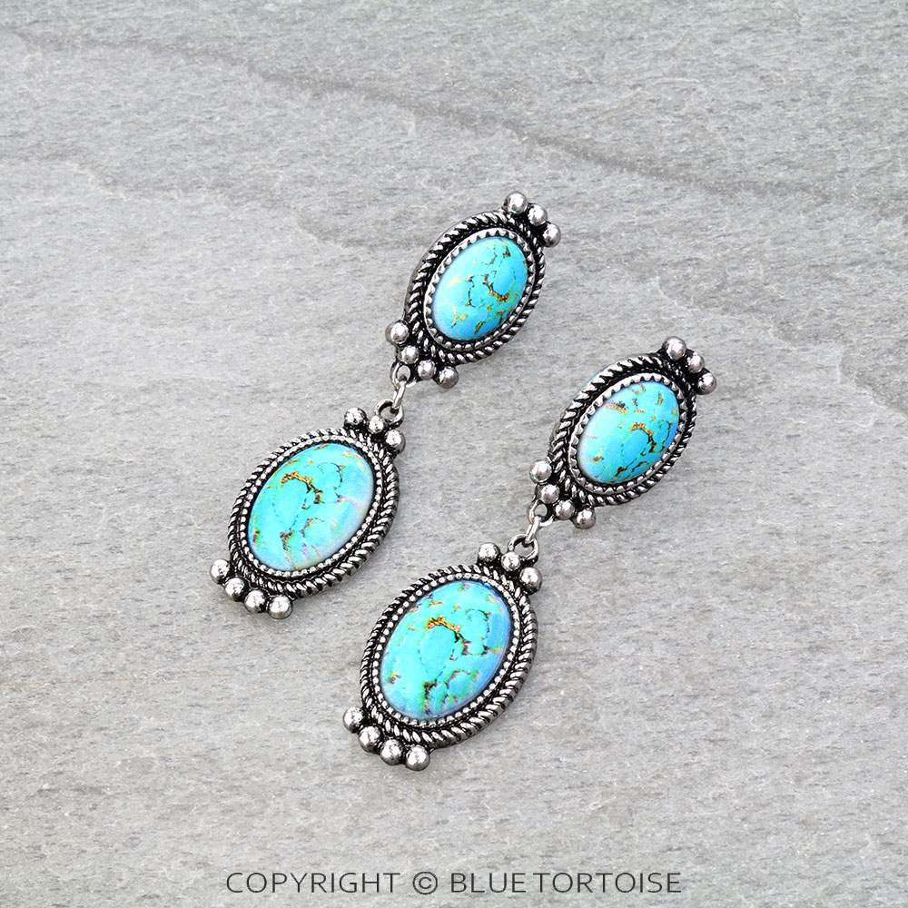 Western Oval Stone Drop Stud Earrings