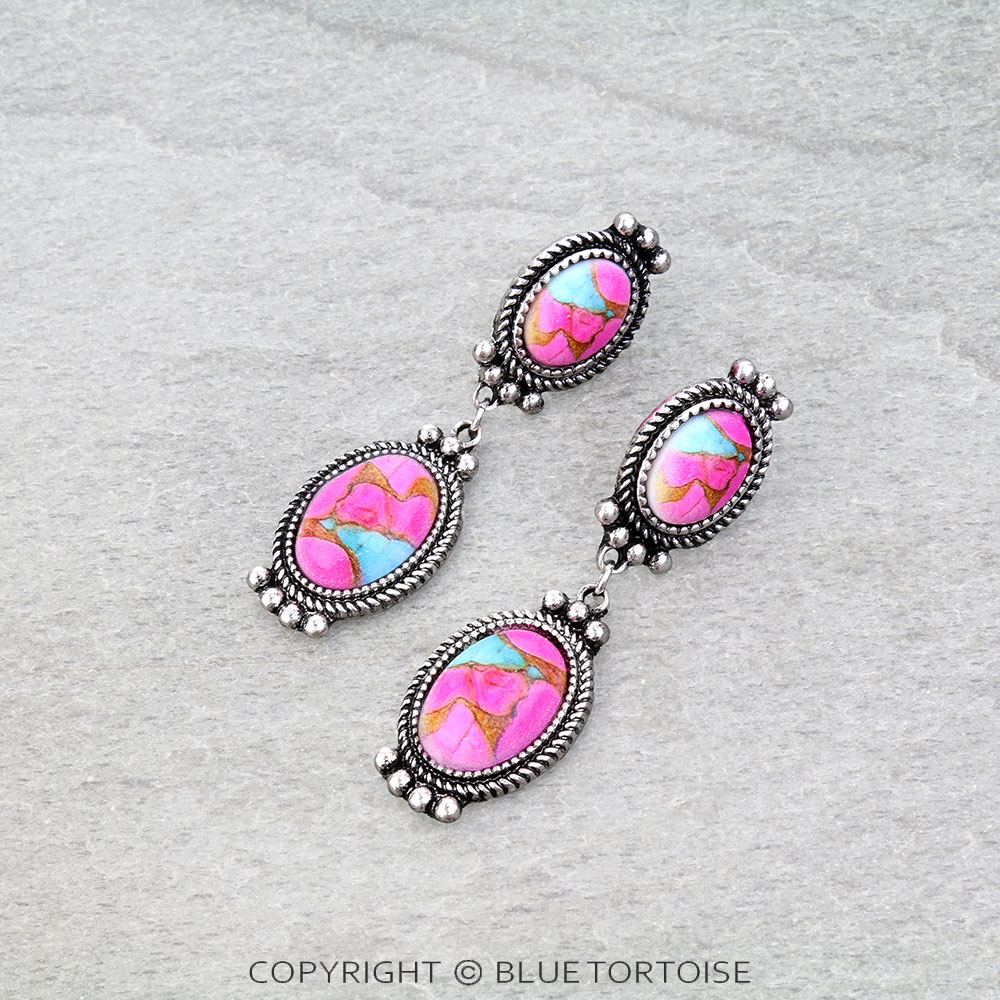 Western Oval Stone Drop Stud Earrings