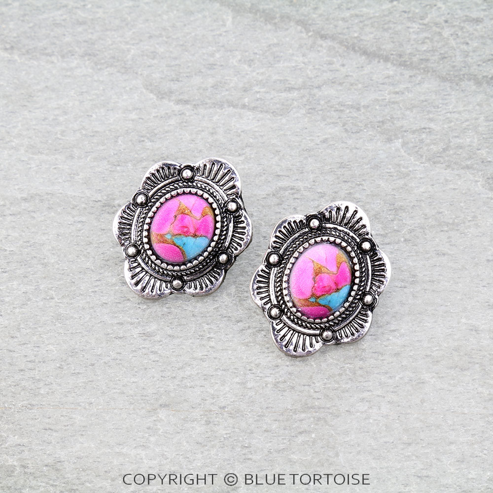 Western Concho Stone Stud Earrings