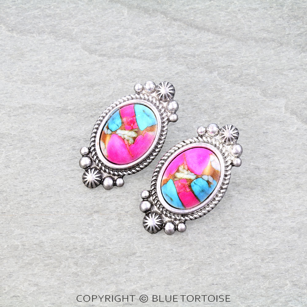 Western Concho Stone Stud Earrings