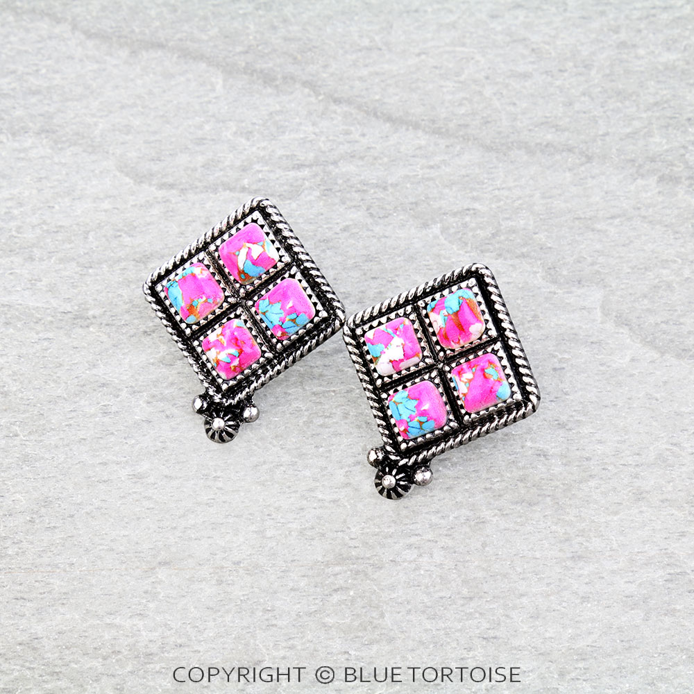 Western Square Stone Stud Earrings