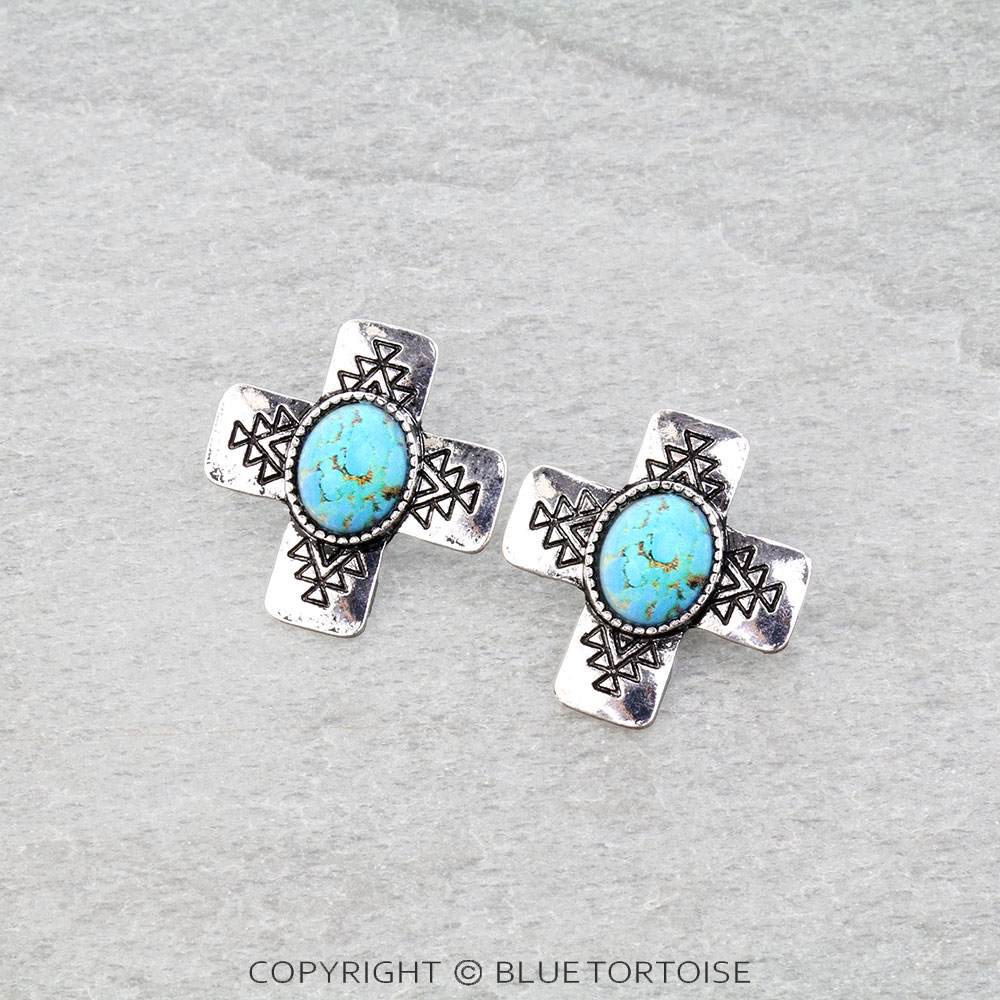 Western Cross Stone Stud Earrings