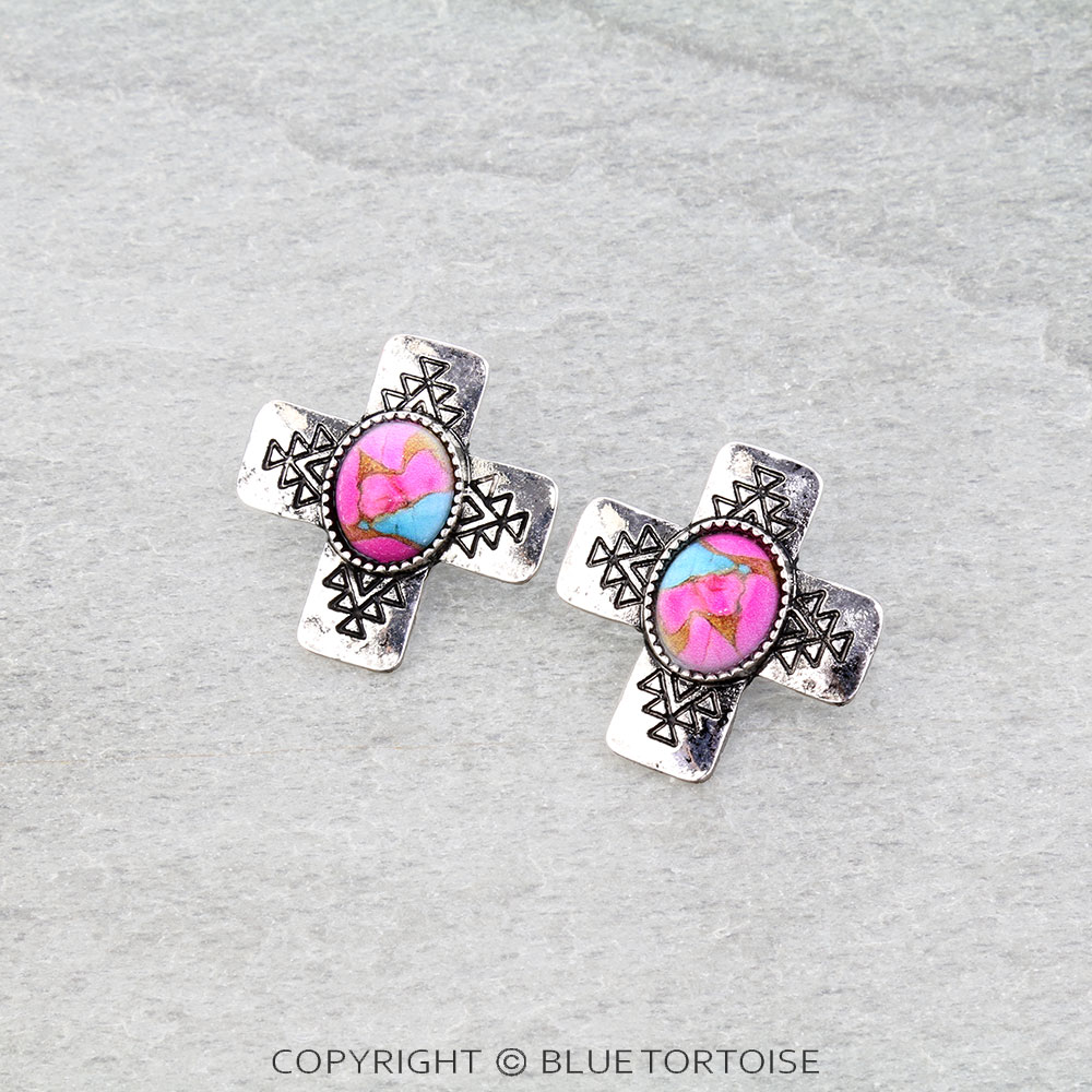 Western Cross Stone Stud Earrings