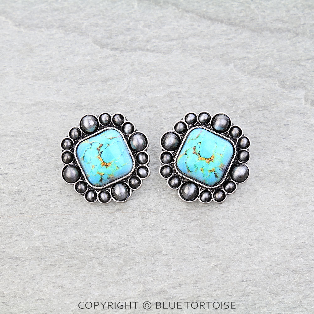 Western Square Stone Pearl Stud Earrings