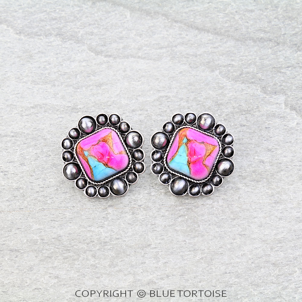 Western Square Stone Pearl Stud Earrings