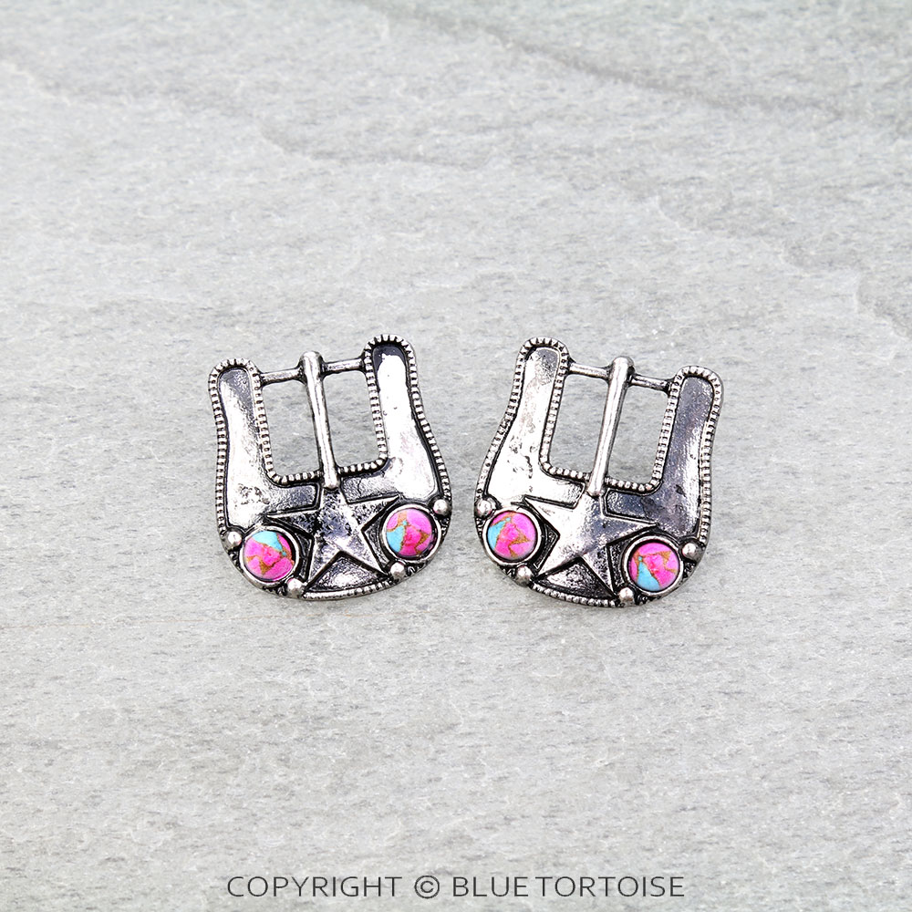 Western Belt Buckle Stone Stud Earrings