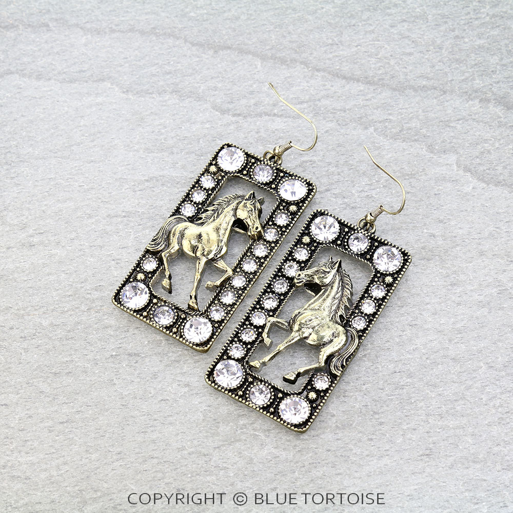 Western Rectangle Horse Dangle Earrings