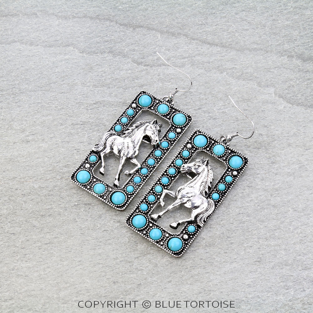 Western Rectangle Horse Dangle Earrings