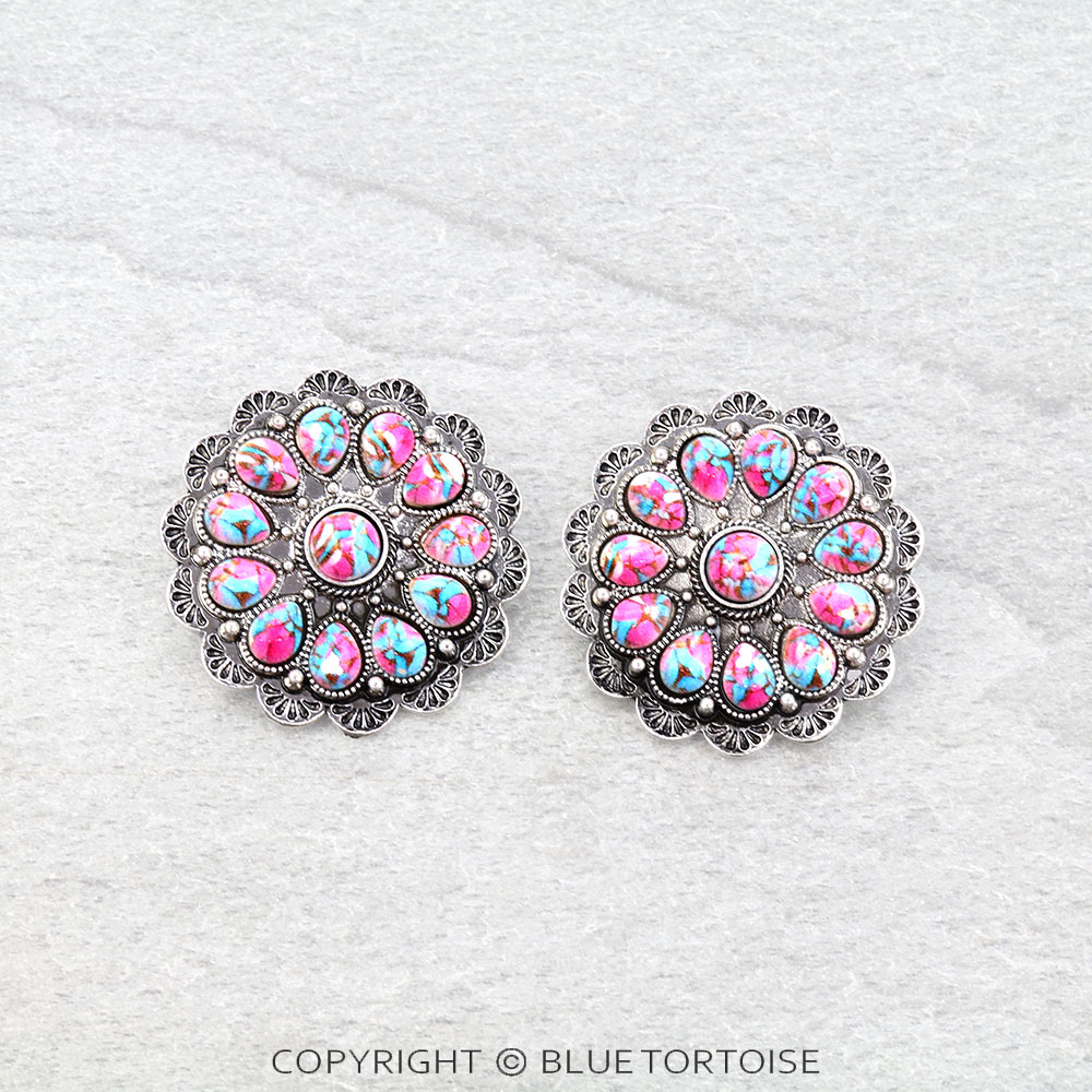 Western Concho Stone Stud Earrings