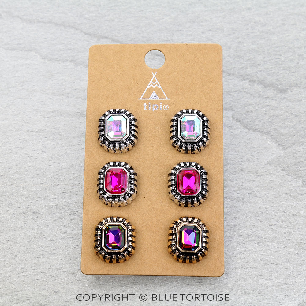 3 Pair Western Octagon Stone Stud Earring Set